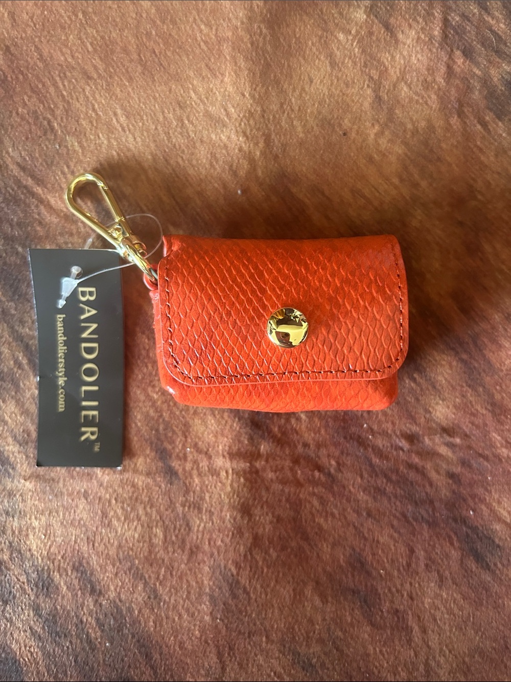 Bandolier Orange Textured Leather Key Pouch with Gold Clip